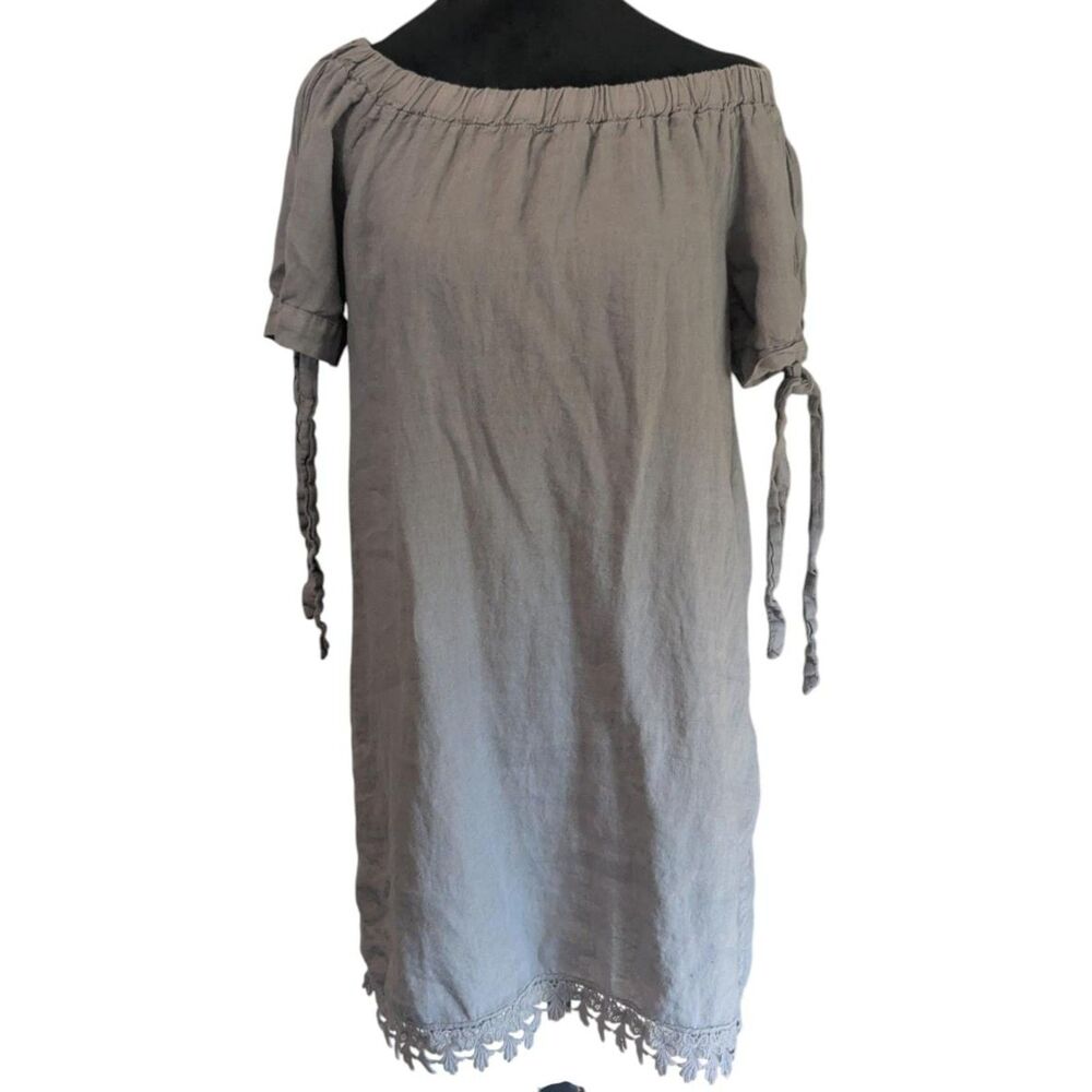 Lungo L'Arno 100% Linen Off Shoulder Dress S Made in Italy Coastal Crochet Lace
